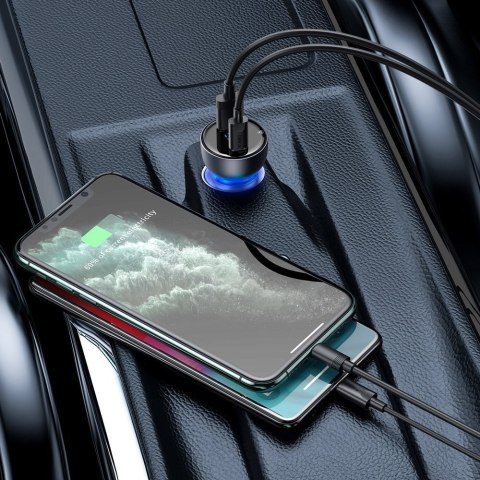 Ładowarka samochodowa USB + USB-C 65W Quick Charge ekran LCD szary Ładowarka samochodowa USB + USB-C 65W Quick Charge ekran LCD szary