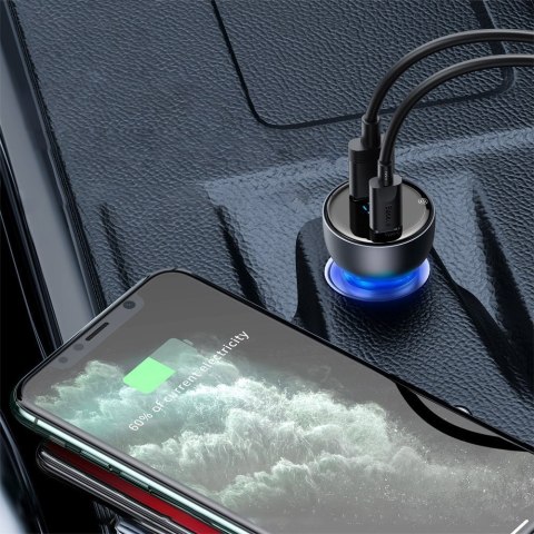 Ładowarka samochodowa USB + USB-C 65W Quick Charge ekran LCD szary Ładowarka samochodowa USB + USB-C 65W Quick Charge ekran LCD szary