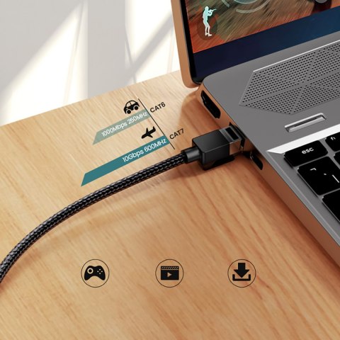 Kabel sieciowy patchcord w oplocie Ethernet RJ45 Cat 7 10Gbps 1m - czarny Kabel sieciowy patchcord w oplocie Ethernet RJ45 Cat 7 10Gbps 1m - czarny