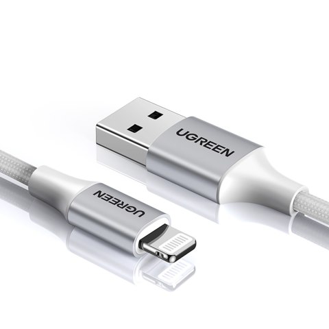 Kabel przewód w oplocie USB-A - iPhone Lightning MFi 1.5m - srebrny Kabel przewód w oplocie USB-A - iPhone Lightning MFi 1.5m - srebrny