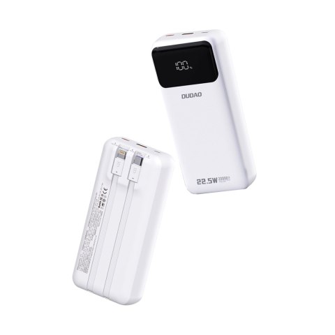 Powerbank 20000mAh z wbudowanymi kablami iPhone Lightning USB-C USB-A 22.5W PD - biały Powerbank 20000mAh z wbudowanymi kablami iPhone Lightning USB-C USB-A 22.5W PD - biały