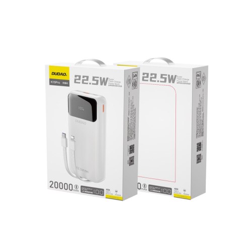 Powerbank 20000mAh z wbudowanymi kablami iPhone Lightning USB-C USB-A 22.5W PD - biały Powerbank 20000mAh z wbudowanymi kablami iPhone Lightning USB-C USB-A 22.5W PD - biały