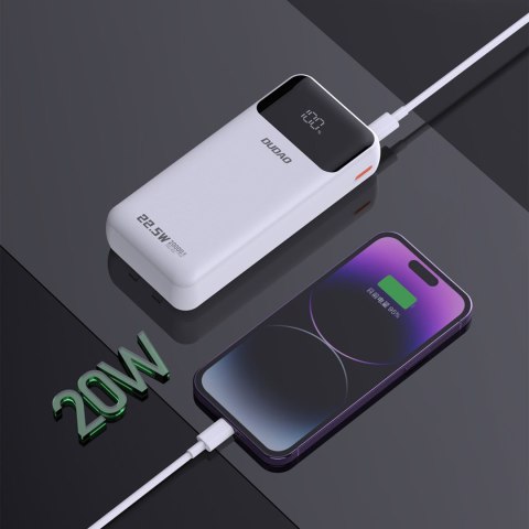 Powerbank 20000mAh z wbudowanymi kablami iPhone Lightning USB-C USB-A 22.5W PD - biały Powerbank 20000mAh z wbudowanymi kablami iPhone Lightning USB-C USB-A 22.5W PD - biały