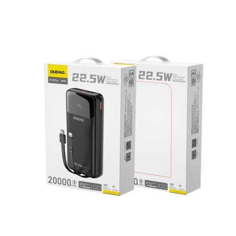 Powerbank 20000mAh z wbudowanymi kablami iPhone Lightning USB-C USB-A 22.5W PD - czarny Powerbank 20000mAh z wbudowanymi kablami iPhone Lightning USB-C USB-A 22.5W PD - czarny