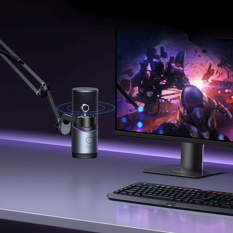 Mikrofon stojący na biurko USB-A RGB LED - srebrny Mikrofon stojący na biurko USB-A RGB LED - srebrny