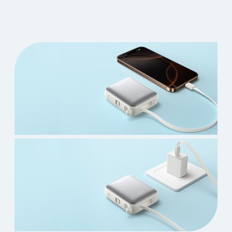 Powerbank 10000mAh 22.5W z wbudowanymi kablami USB-C Lightning - biały Powerbank 10000mAh 22.5W z wbudowanymi kablami USB-C Lightning - biały