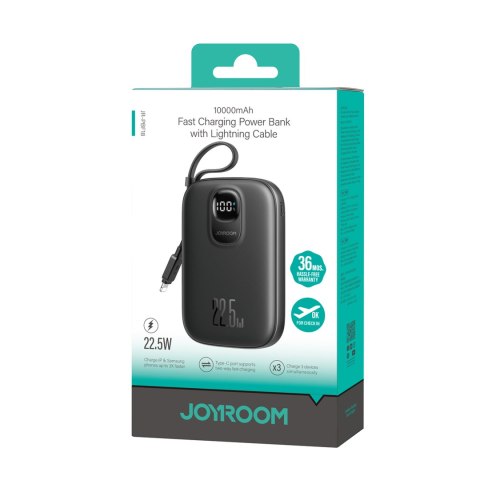 Powerbank 10000mAh z wbudowanym kablem 22.5 iPhone Lightning USB-C 0.25 cm - czarny Powerbank 10000mAh z wbudowanym kablem 22.5 iPhone Lightning USB-C 0.25 cm - czarny