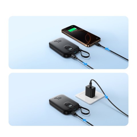 Powerbank 10000mAh z wbudowanym kablem 22.5 iPhone Lightning USB-C 0.25 cm - czarny Powerbank 10000mAh z wbudowanym kablem 22.5 iPhone Lightning USB-C 0.25 cm - czarny